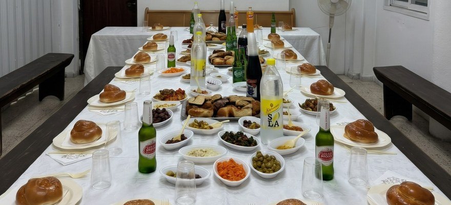 אולם הקידושים ערוך לסעודה: שולחן ארוך עם חלות, סלטים ושתייה